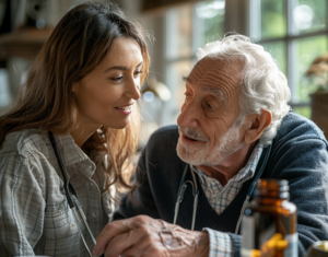 Caregiver with stethoscope smiling and talking closely with elderly man at home in Schaumburg IL