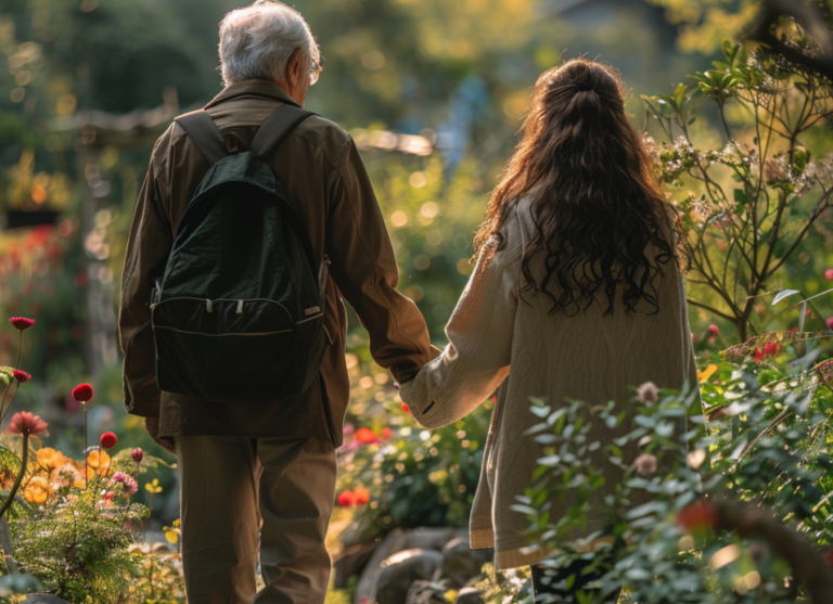 Caregiver walking hand in hand with elderly man through sunny garden in Schaumburg IL