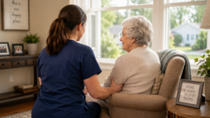 Caregiver assisting an elderly woman in a comfortable home in Elgin, IL