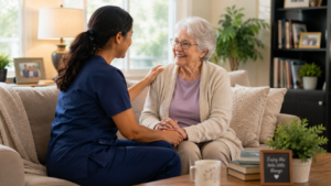 Caregiver providing companionship and support to an elderly woman at home in Hoffman Estates, IL