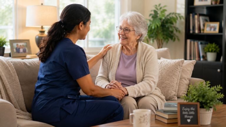 Caregiver providing companionship and support to an elderly woman at home in Hoffman Estates, IL