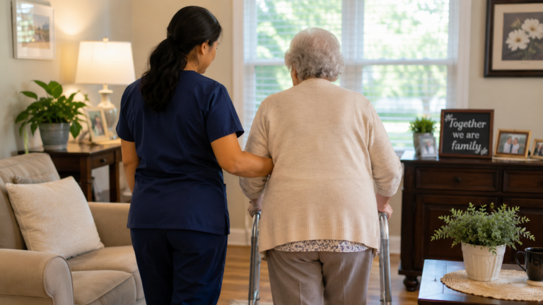 Caregiver assisting an elderly woman using a walker in her Schaumburg home