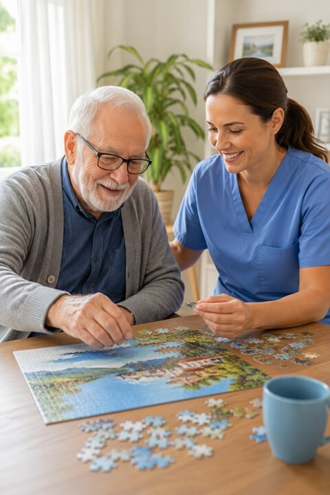 A senior man and caregiver connecting through puzzle play