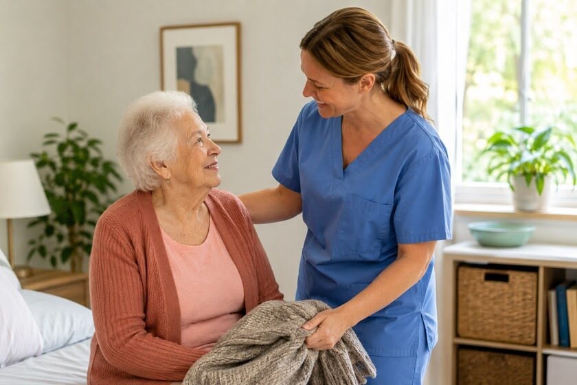 A compassionate caregiver helping an elderly woman with daily activities in her Hoffman Estates home