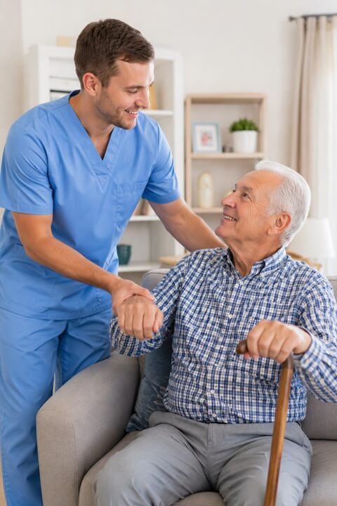 A dependable caregiver providing home care services to an older man in Hoffman Estates, IL