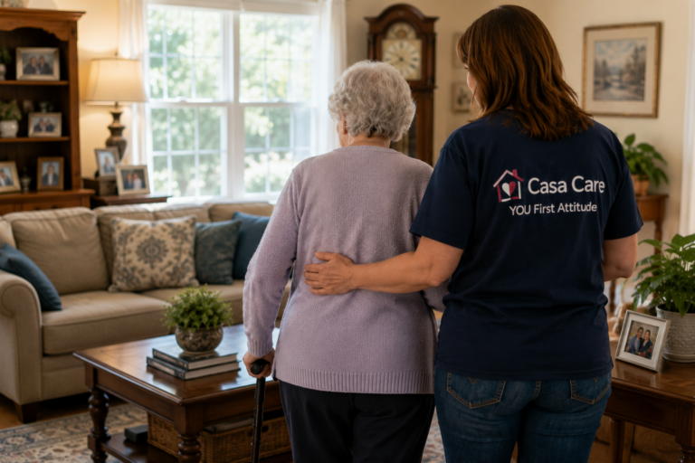 Caregiver providing home care support to senior with walker in Elgin, IL