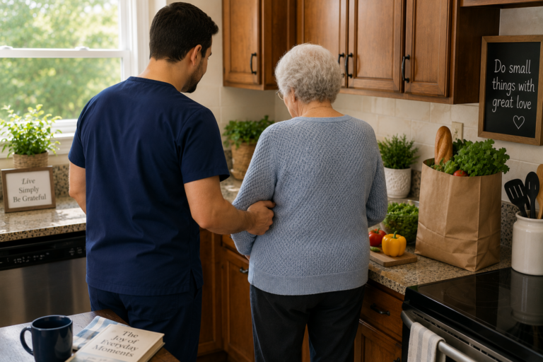 Home care caregiver assisting older adult with meal preparation in Elgin, IL home