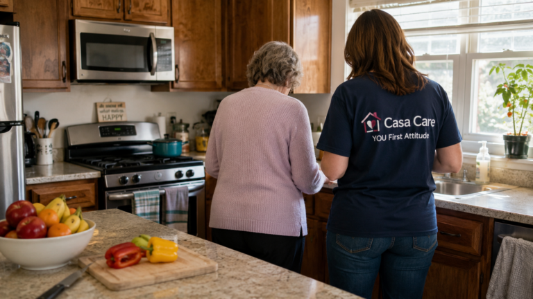 Home care Elgin, IL caregiver assisting senior with meal preparation in a bright kitchen