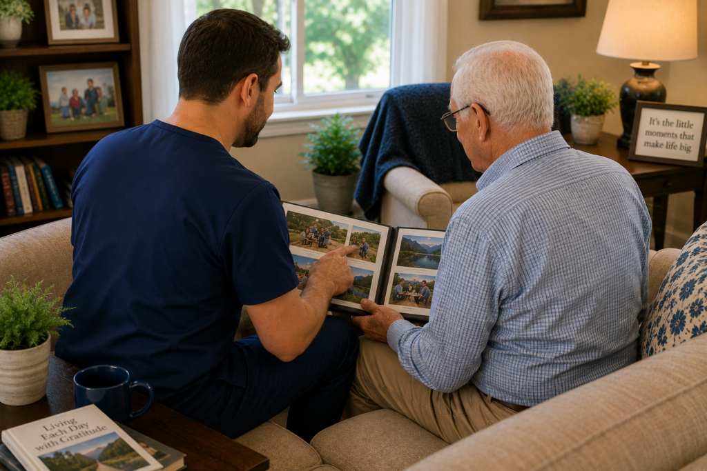 Home care caregiver looking through photo album with older adult in Hoffman Estates, IL home