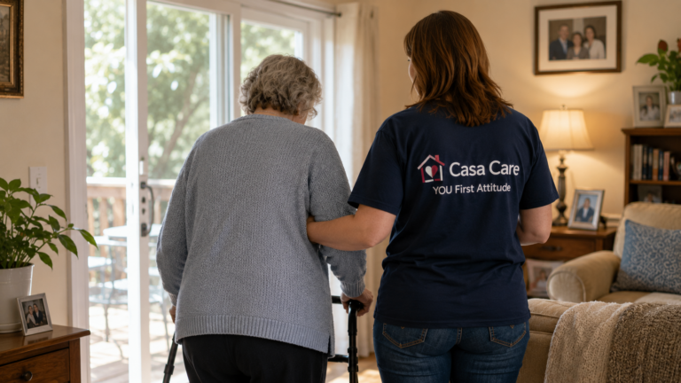 Caregiver providing home care assistance to senior using walker in Hoffman Estates, IL