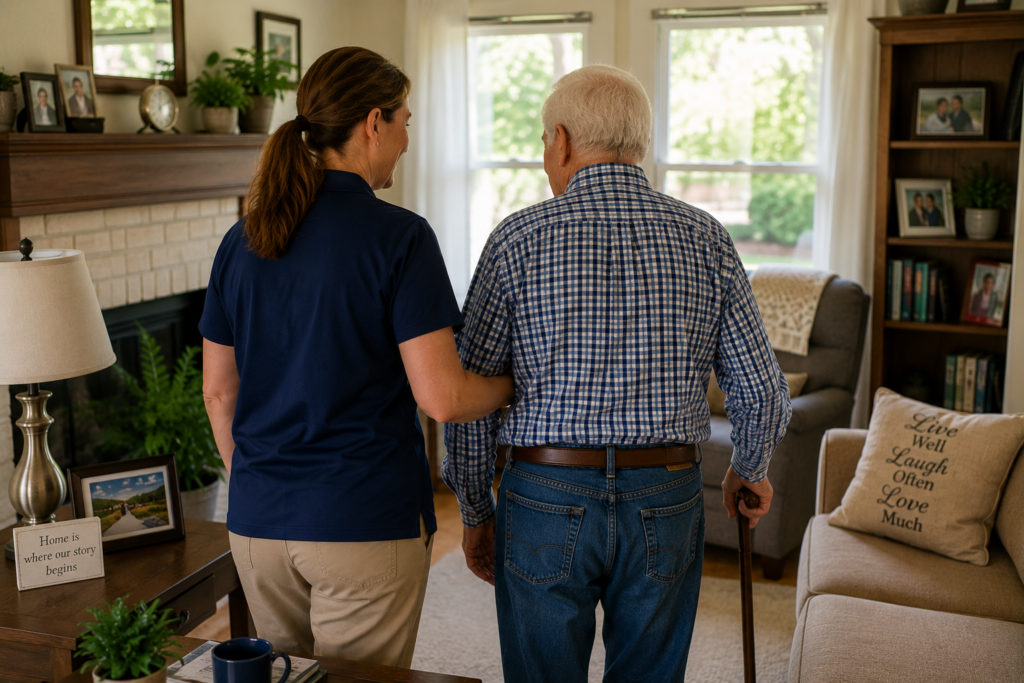 Home care caregiver assisting older adult with walking safely in Schaumburg, IL home