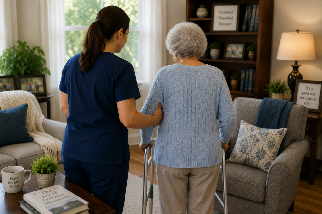 Home care caregiver assisting older adult using walker in Schaumburg, IL home
