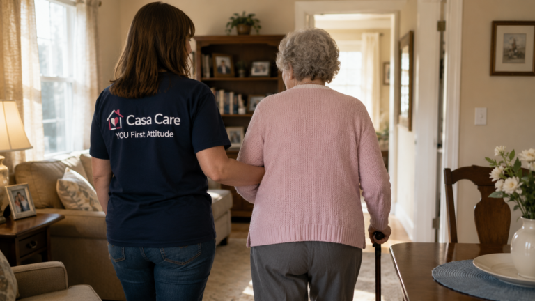 Caregiver assisting senior with walking support during home care visit in Schaumburg, IL