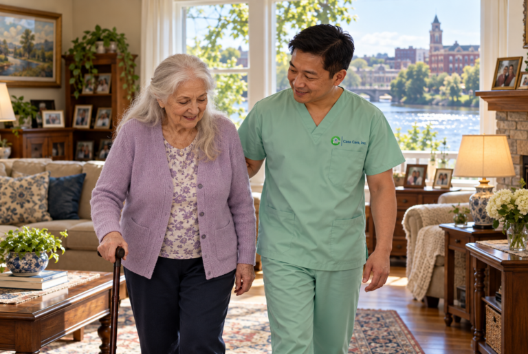 caregiver in mint green scrubs supporting a long-haired senior woman walking with a cane in a living room