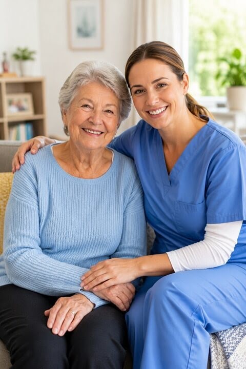 A senior woman sitting comfortably at home with her caregiver during a visit in Hoffman Estates, Illinois