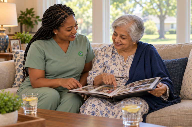 caregiver and older woman smiling over family photographs with lemon water on the table