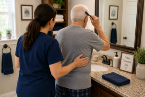 Caregiver assisting an older man with grooming during home care in Elgin, IL.