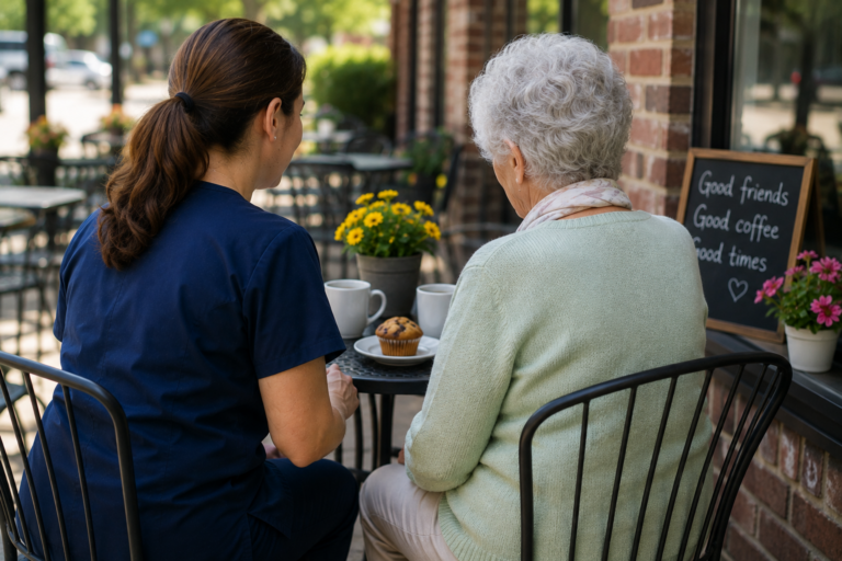 Caregiver and older woman sharing coffee outdoors during home care in Hoffman Estates, IL.
