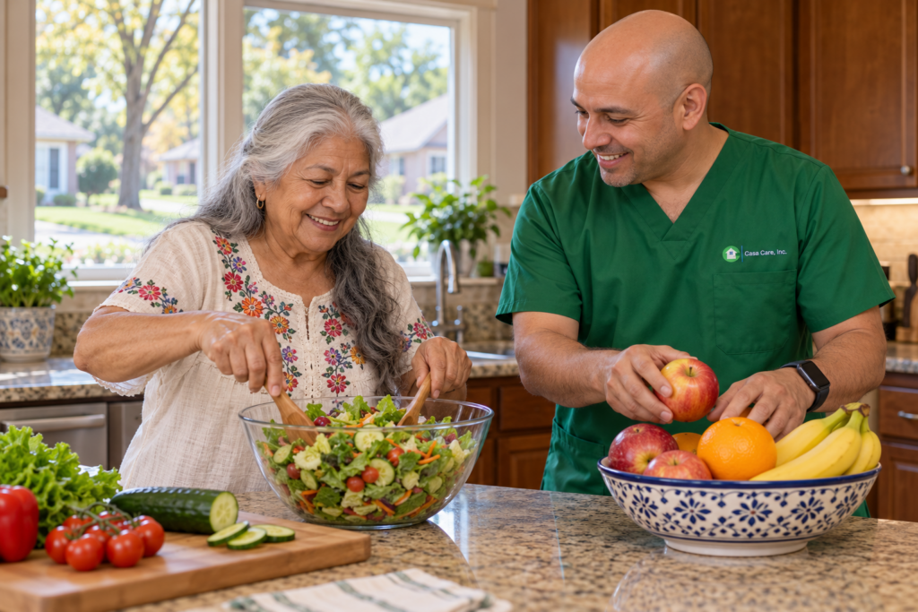 Older woman tossing salad beside a male caregiver arranging fruit in a home kitchen