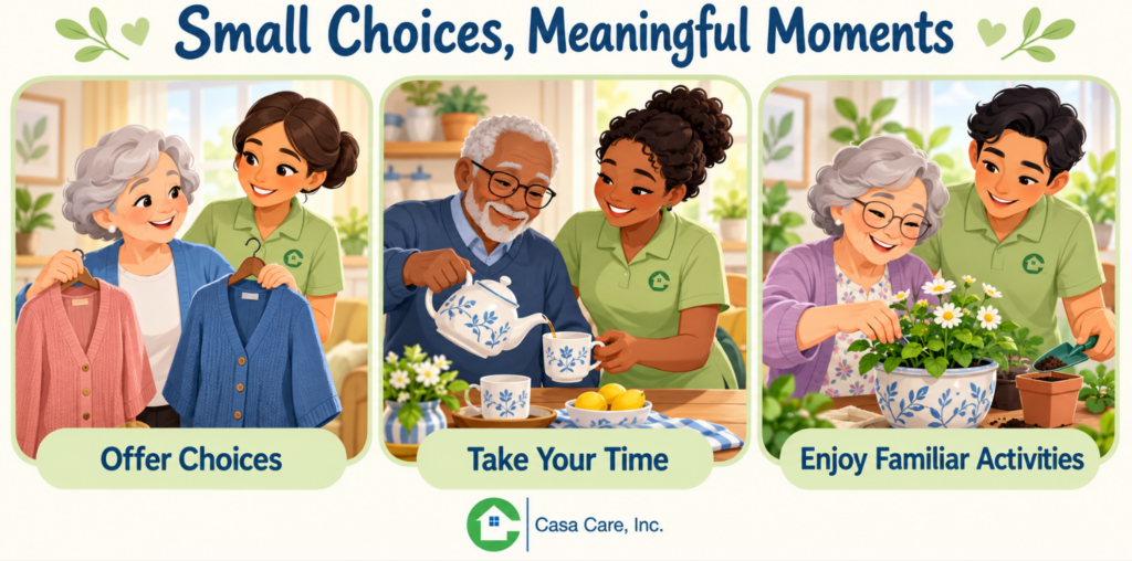 infographic showing seniors choosing clothing, preparing tea, and gardening with caregiver support