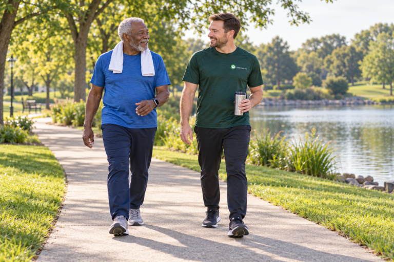Older man in blue athletic wear walking beside a caregiver carrying a tumbler along a lakeside path