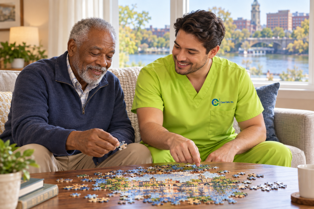 caregiver in lime green scrubs completing a jigsaw puzzle with an older man at home