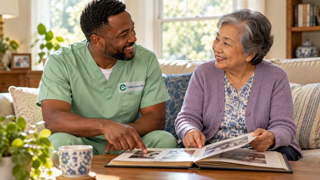 Caregiver and older Asian woman looking through a photo album at home