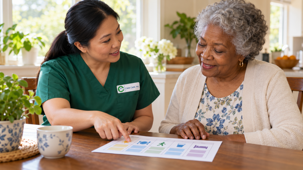 caregiver reviewing a daily routine with a Black American senior at home