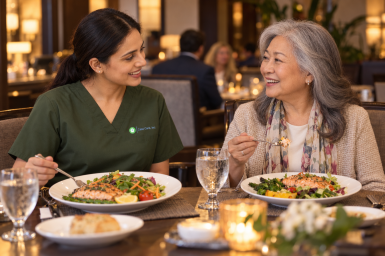 caregiver and older woman enjoying salmon and salad while talking at a restaurant