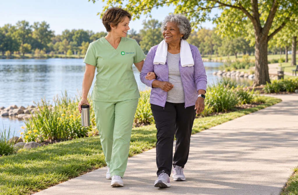 Female caregiver supporting an older woman on a lakeside walk