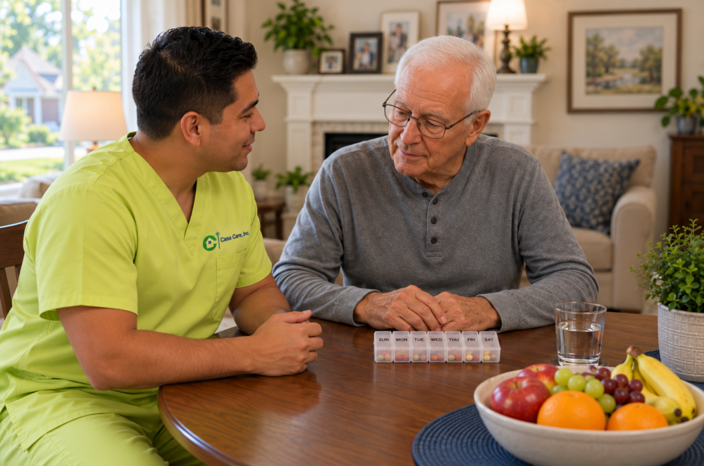 caregiver in yellow-green scrubs talking with an older man beside a medication organizer, water glass, and fruit bowl