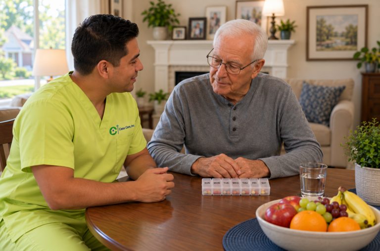 caregiver in yellow-green scrubs talking with an older man beside a medication organizer, water glass, and fruit bowl