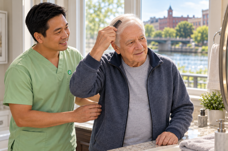 Older man combing his hair with a caregiver nearby in light green scrubs