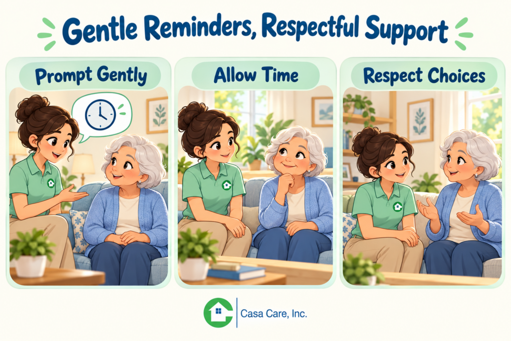 infographic showing a caregiver offering gentle reminders, allowing time to respond, and respecting a senior’s choices