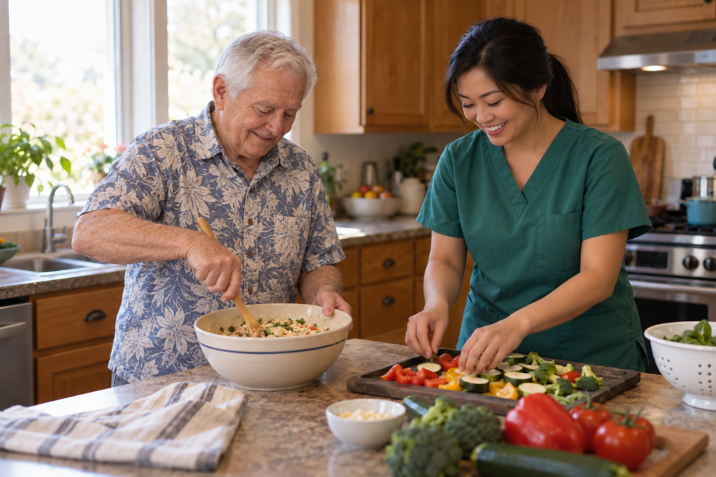 Caregiver supporting an older adult with a familiar home routine 